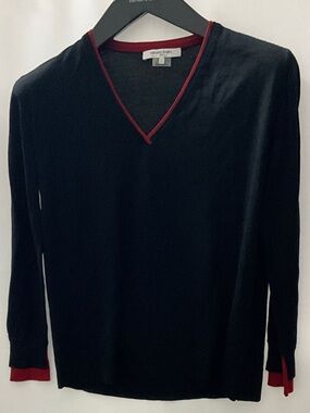 Gerard Darel Black V-Neck Sweater with Red Trim
